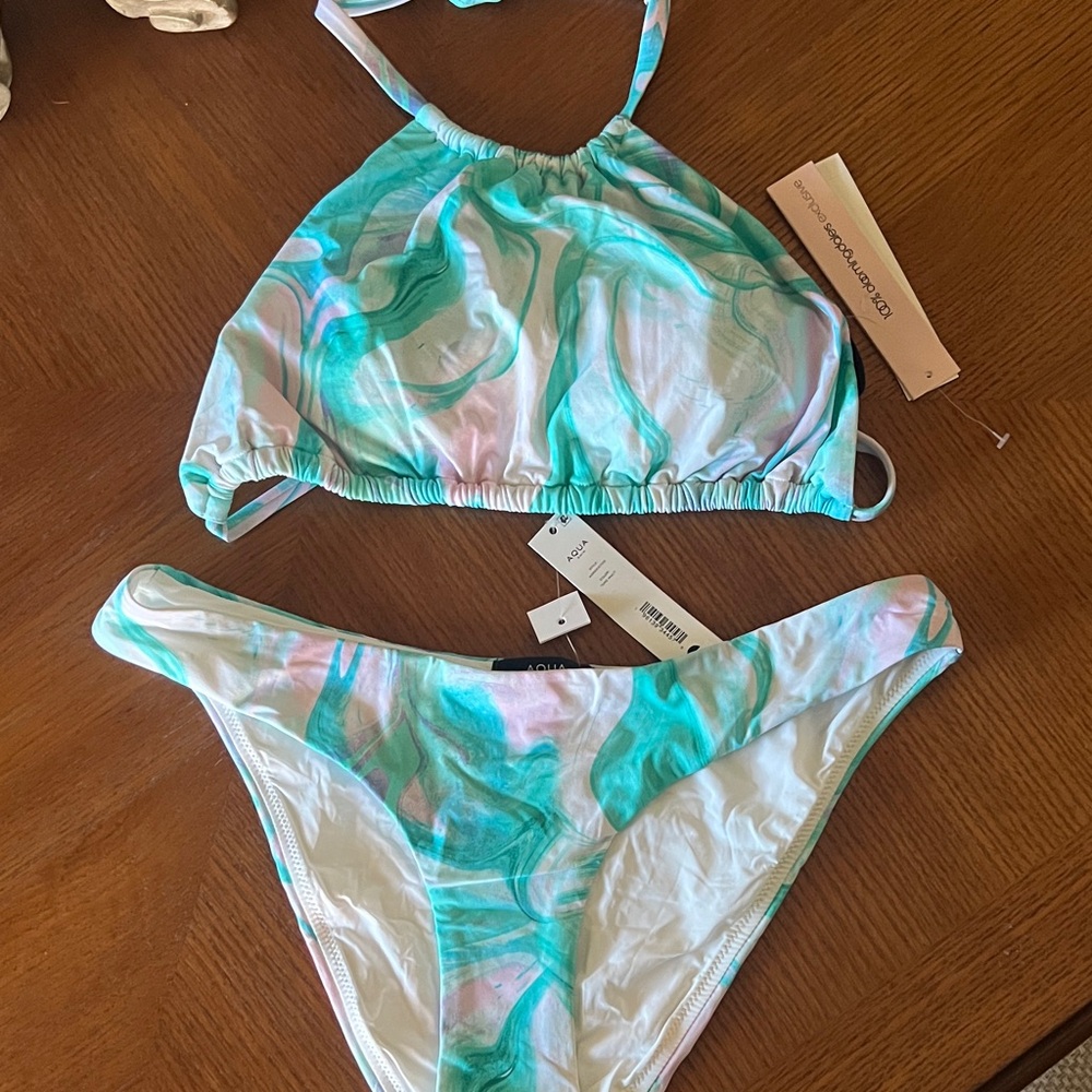 Aqua by Bloomingdale’s Womens Swim Bikini in Green and Pink